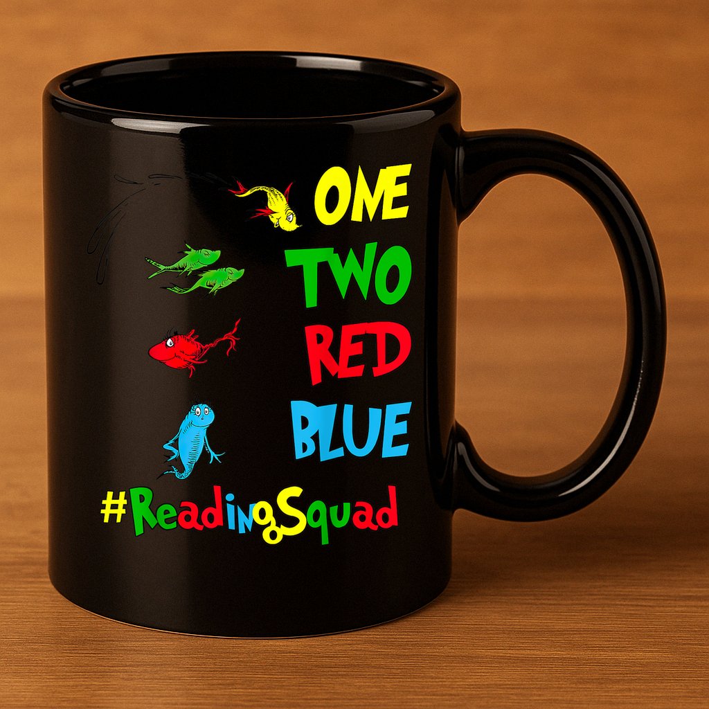 Reading Teacher Squad Oh The Places One Two Red Blue Fish 11oz C Handle Ceramic Mug