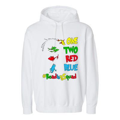 Reading Teacher Squad Oh The Places One Two Red Blue Fish Garment-Dyed Fleece Hoodie