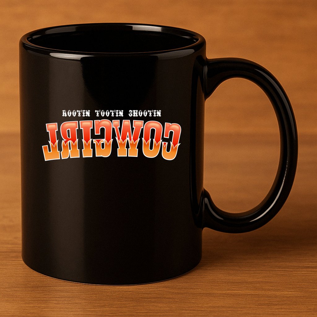 Rootin Tootin Shootin Reverse Cowgirl Western Logo 11oz C Handle Ceramic Mug