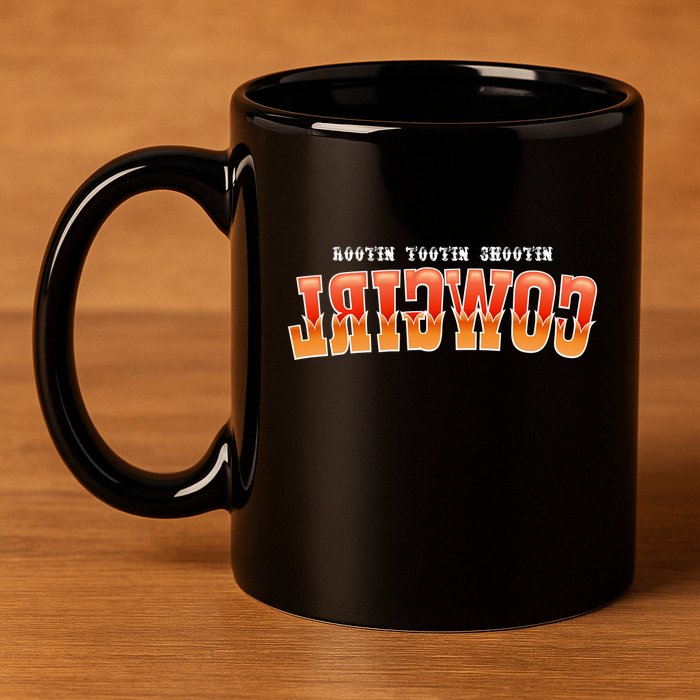 Rootin Tootin Shootin Reverse Cowgirl Western Logo 11oz C Handle Ceramic Mug