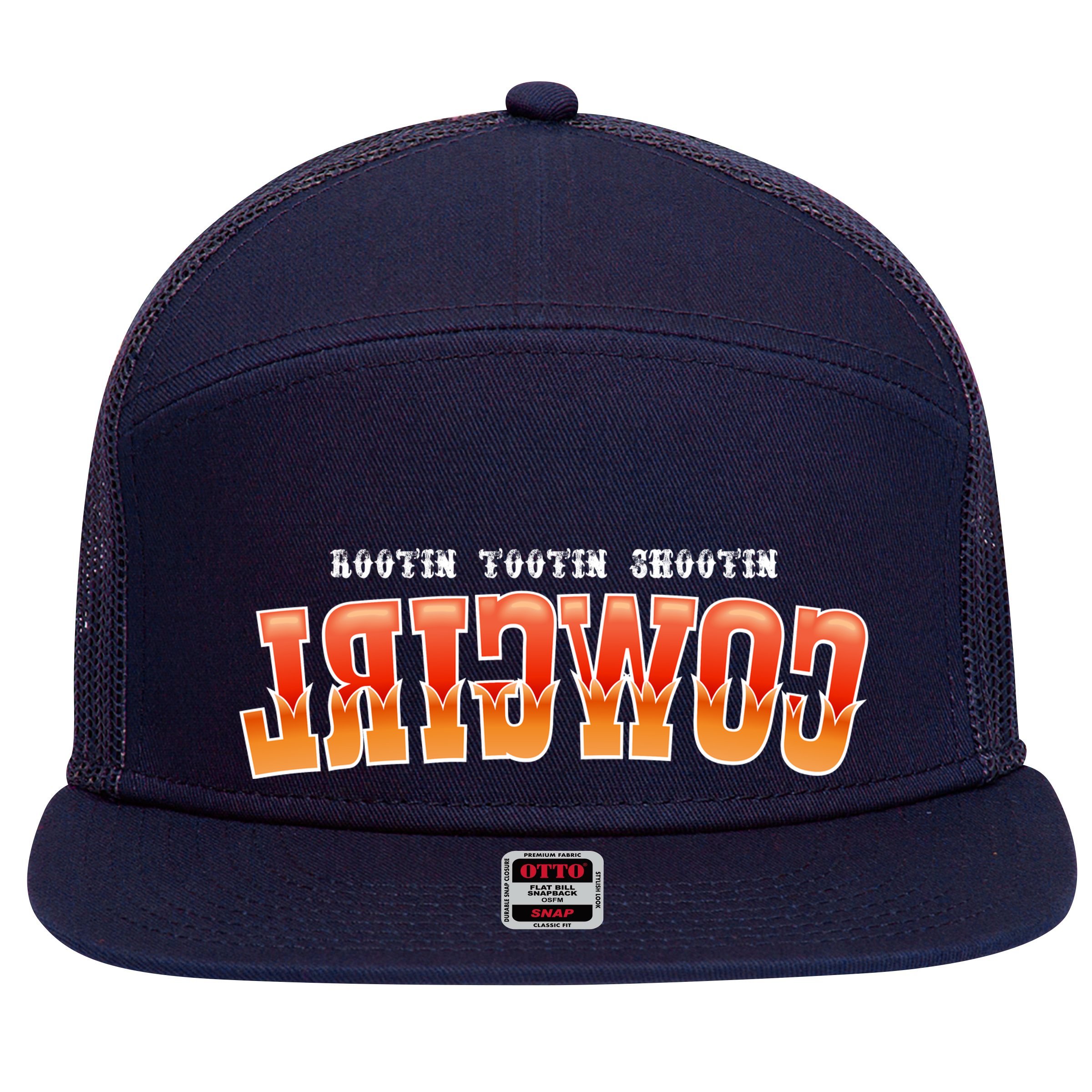 Rootin Tootin Shootin Reverse Cowgirl Western Logo 7 Panel Mesh Trucker Snapback Hat