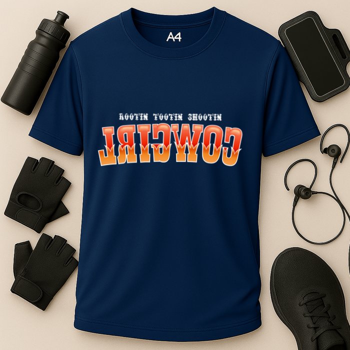 Rootin Tootin Shootin Reverse Cowgirl Western Logo Cooling Performance Crew T-Shirt