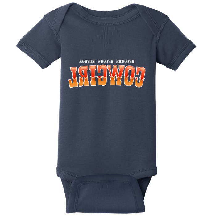 Rootin Tootin Shootin Reverse Cowgirl Western Logo Baby Bodysuit