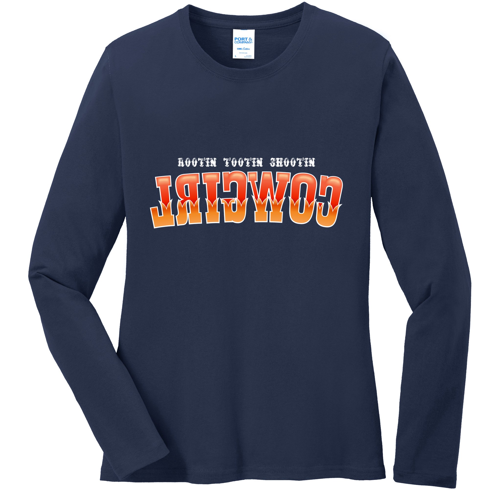 Rootin Tootin Shootin Reverse Cowgirl Western Logo Ladies Long Sleeve Shirt