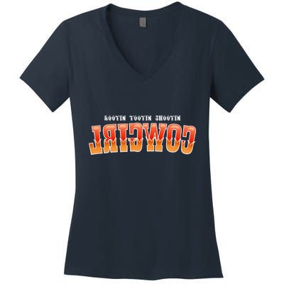 Rootin Tootin Shootin Reverse Cowgirl Western Logo Women's V-Neck T-Shirt