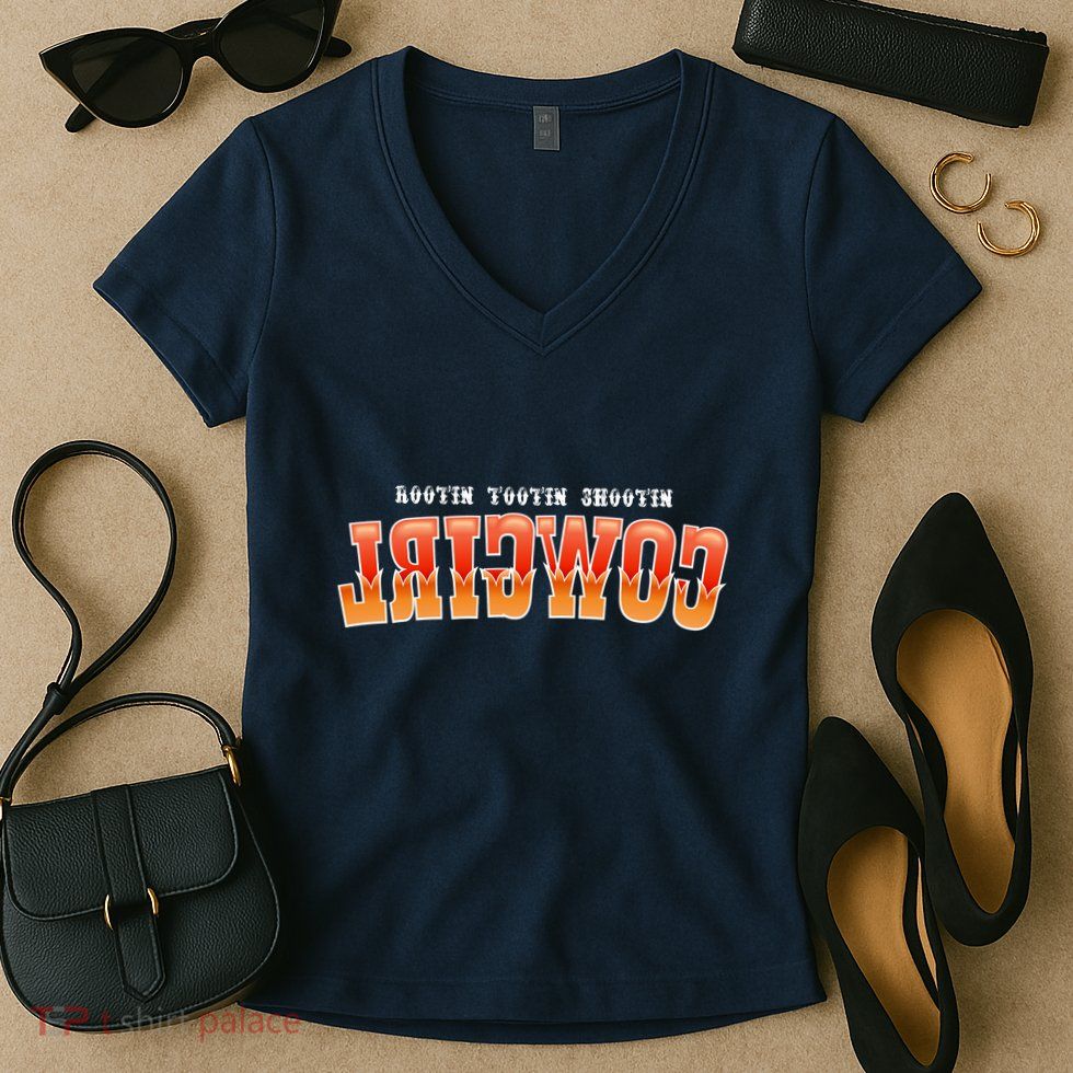 Rootin Tootin Shootin Reverse Cowgirl Western Logo Women's V-Neck T-Shirt
