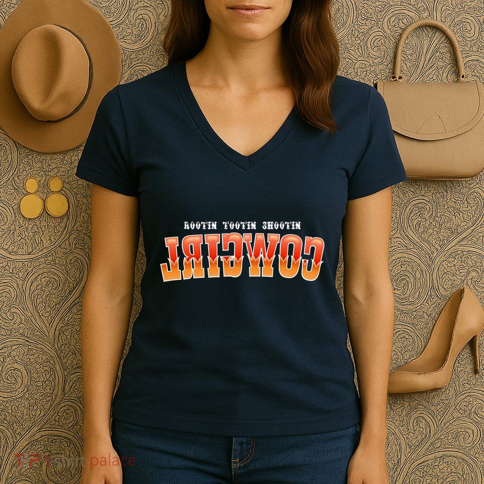 Rootin Tootin Shootin Reverse Cowgirl Western Logo Women's V-Neck T-Shirt