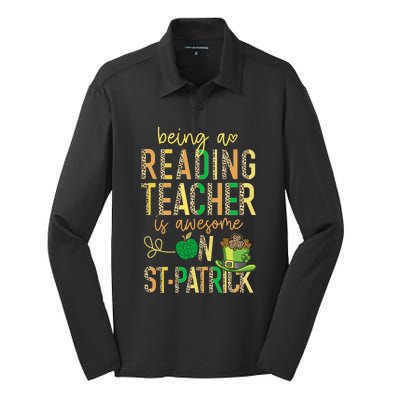 Reading Teacher School St Patrick Leopard Shamrock Clover Gift Silk Touch Performance Long Sleeve Polo