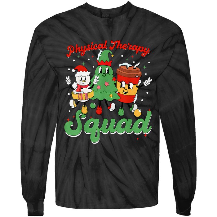 Retro Therapy Squad Christmas Tree Snowman Coffee Latte Tie-Dye Long Sleeve Shirt