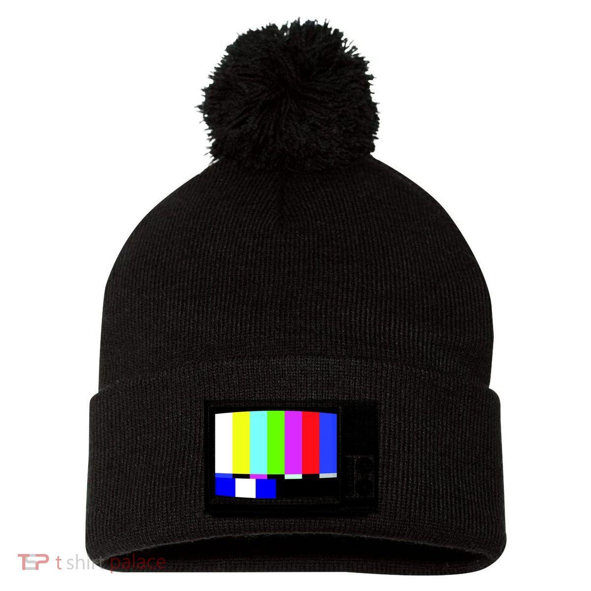 Retro TV Screen Colored Lines Pom Pom 12in Knit Beanie