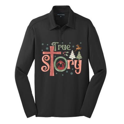 Retro True Story Jesus Christmas Nativity Scene Christian Silk Touch Performance Long Sleeve Polo