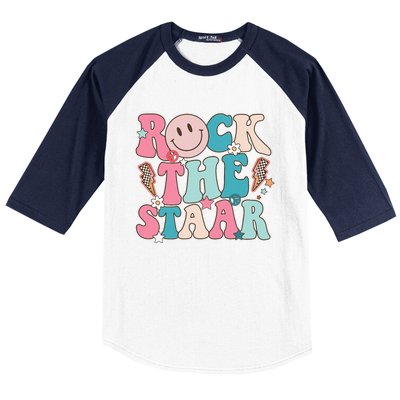 Rock The Staar Test Testing Day Retro Groovy Teacher Stars Baseball Sleeve Shirt