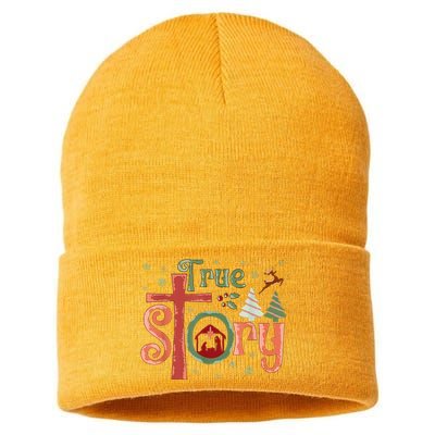 Retro True Story Jesus Christmas Nativity Scene Christian Sustainable Knit Beanie