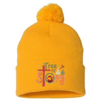 Retro True Story Jesus Christmas Nativity Scene Christian Pom Pom 12in Knit Beanie