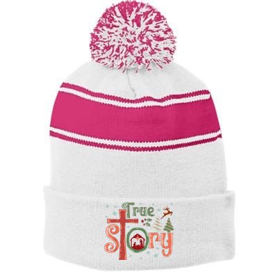 Retro True Story Jesus Christmas Nativity Scene Christian Stripe Pom Pom Beanie