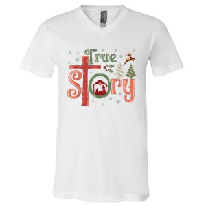 Retro True Story Jesus Christmas Nativity Scene Christian V-Neck T-Shirt