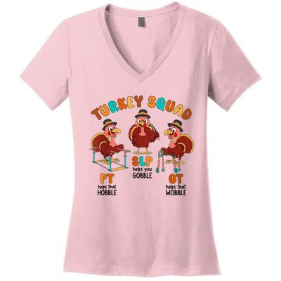 Retro Turkey Squad Thanksgiving Slp Ot Pt Therapy Team Women's V-Neck T-Shirt