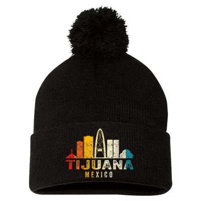 Retro Tijuana Skyline Vintage Mexico Souvenir Pom Pom 12in Knit Beanie