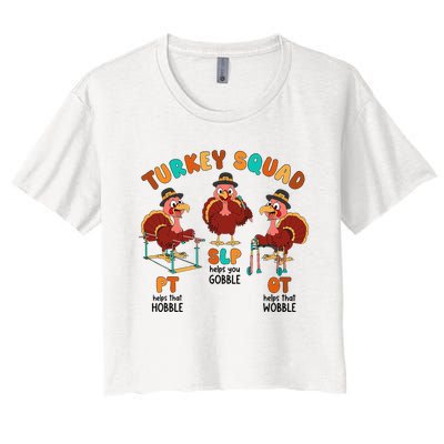 Retro Turkey Squad Thanksgiving SLP OT PT Therapy Team Women's Crop Top Tee