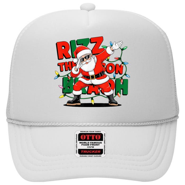 Rizz The Season Bruh Funny Christmas Rizzmas Santa Xmas High Crown Mesh Back Trucker Hat