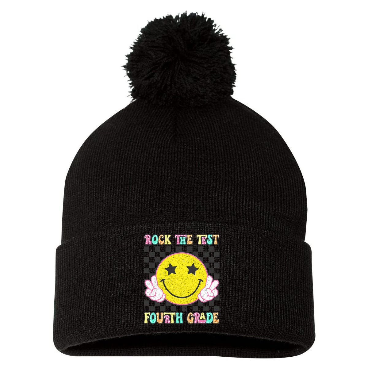 Rock The Staar Test Testing Day Smile Face Groovy Teacher  Pom Pom 12in Knit Beanie