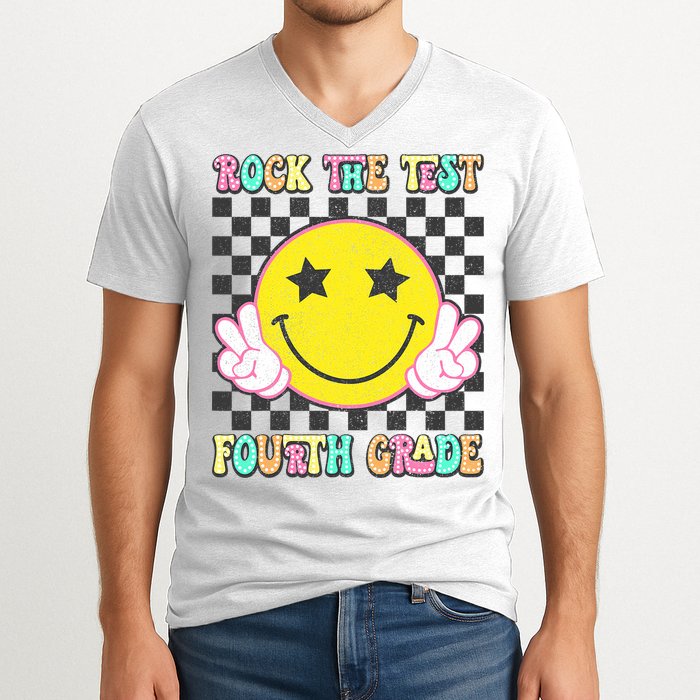 Rock The Staar Test Testing Day Smile Face Groovy Teacher  V-Neck T-Shirt