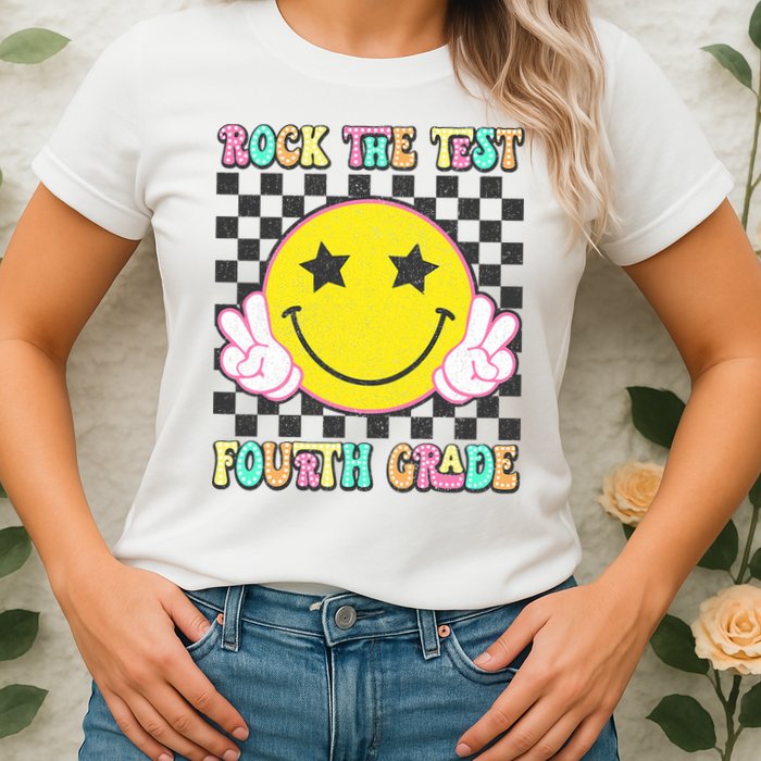Rock The Staar Test Testing Day Smile Face Groovy Teacher  Womens T-Shirt