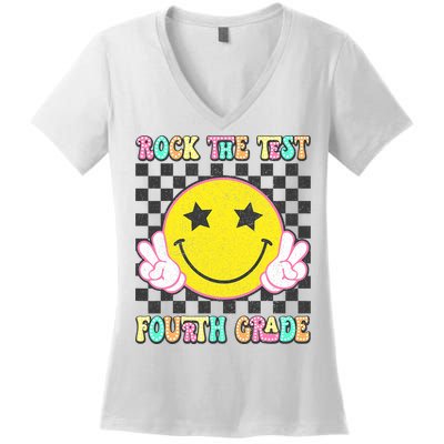 Rock The Staar Test Testing Day Smile Face Groovy Teacher  Women's V-Neck T-Shirt