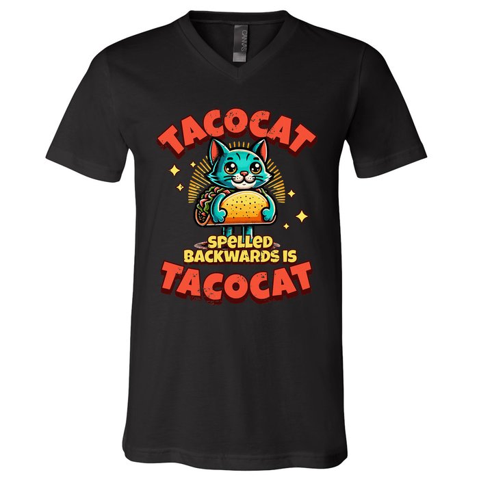 Retro Tacocat Spelled Backwards Is Taco Cat V-Neck T-Shirt