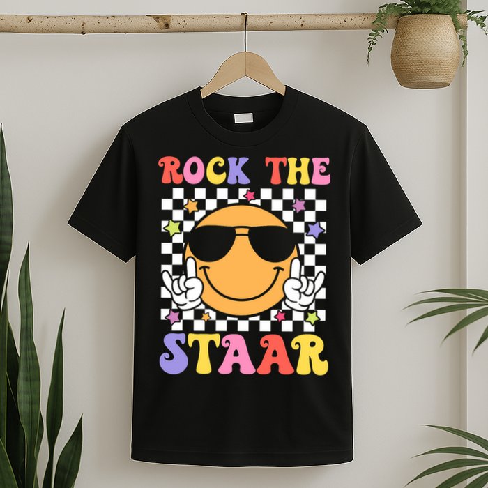 Rock The Staar Test Testing Day Smile Face Groovy Teacher  T-Shirt