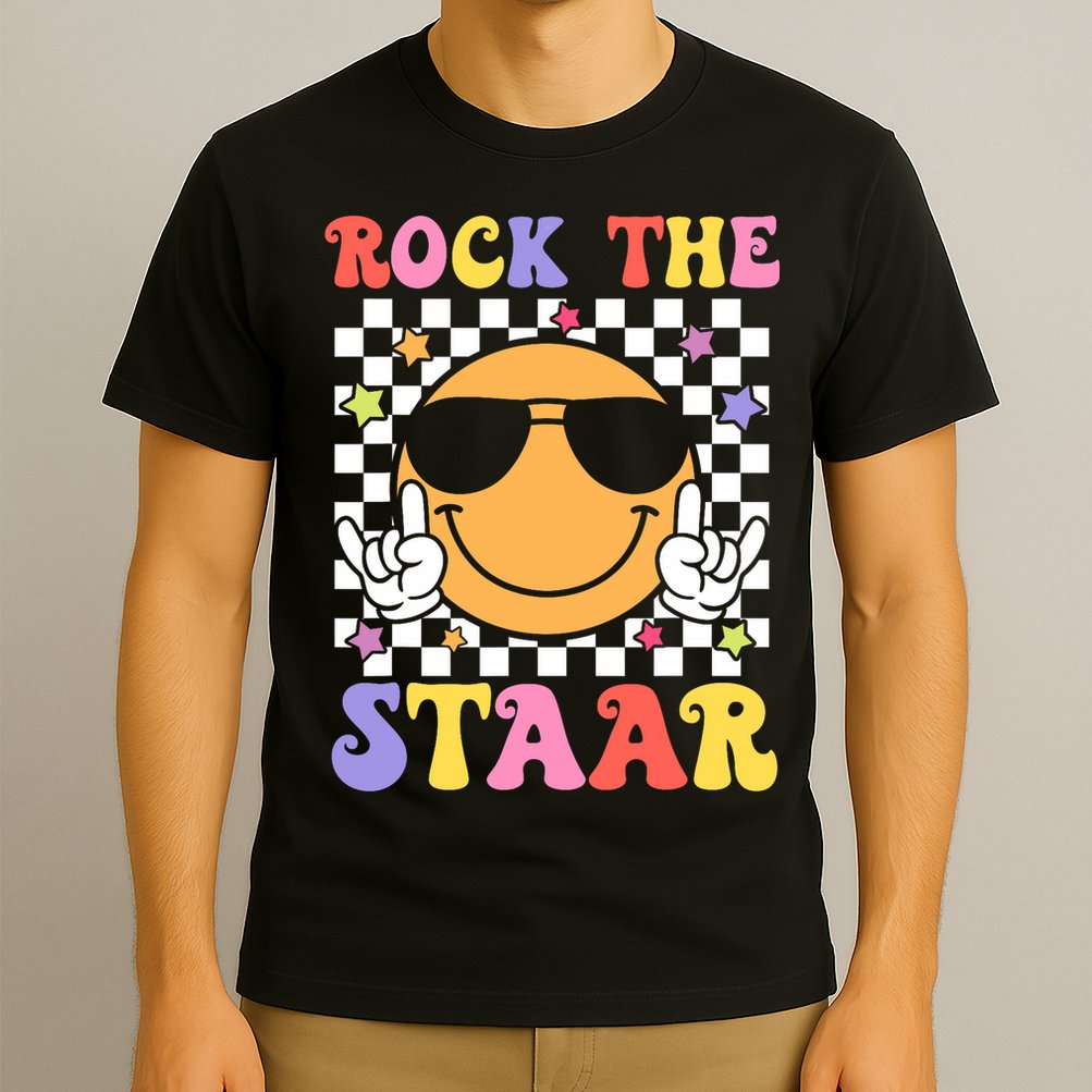 Rock The Staar Test Testing Day Smile Face Groovy Teacher  T-Shirt