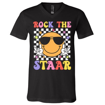 Rock The Staar Test Testing Day Smile Face Groovy Teacher  V-Neck T-Shirt