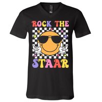 Rock The Staar Test Testing Day Smile Face Groovy Teacher  V-Neck T-Shirt