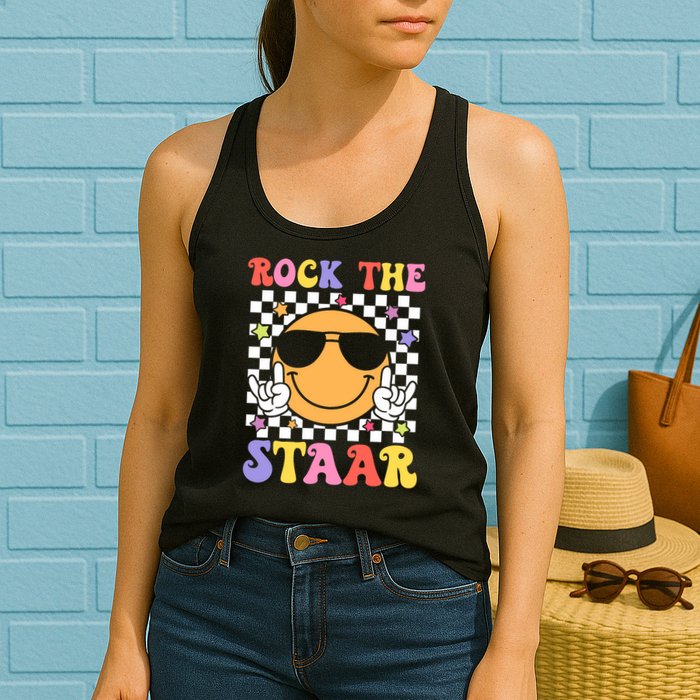 Rock The Staar Test Testing Day Smile Face Groovy Teacher  Womens Tank Top