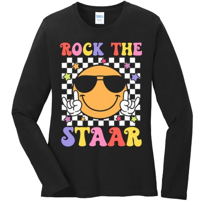 Rock The Staar Test Testing Day Smile Face Groovy Teacher  Ladies Long Sleeve Shirt