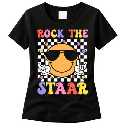 Rock The Staar Test Testing Day Smile Face Groovy Teacher  Womens T-Shirt