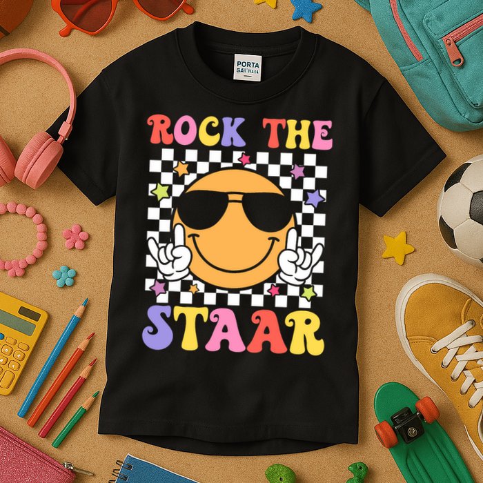 Rock The Staar Test Testing Day Smile Face Groovy Teacher  Kids T-Shirt