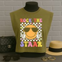 Rock The Staar Test Testing Day Smile Face Groovy Teacher  Garment-Dyed Women's Muscle Tee