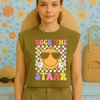 Rock The Staar Test Testing Day Smile Face Groovy Teacher  Garment-Dyed Women's Muscle Tee
