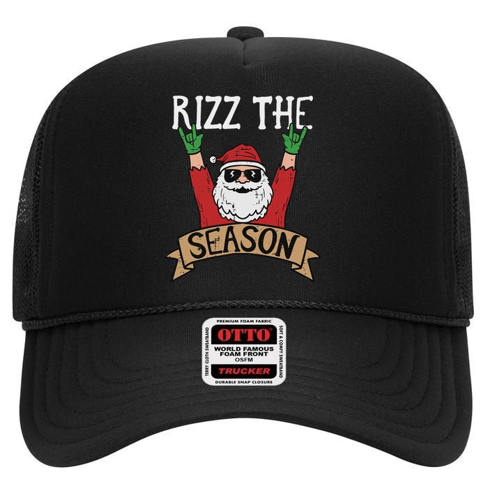 Rizz The Season Funny Christmas Santa Rock Xmas Rocker High Crown Mesh Back Trucker Hat