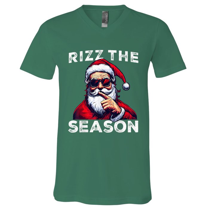 Rizz The Season Funny Santa Joke White Elephant Christmas V-Neck T-Shirt