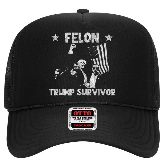 Retro Trump Survivor 2024 American Flag Trump Supporters High Crown Mesh Back Trucker Hat