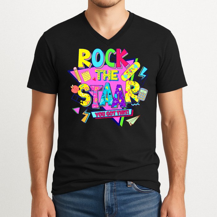 Rock The Staar Test Testing Day Retro Groovy Teacher Stars V-Neck T-Shirt