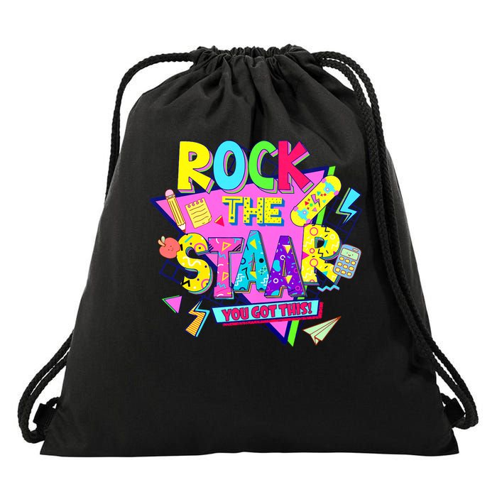 Rock The Staar Test Testing Day Retro Groovy Teacher Stars Drawstring Bag