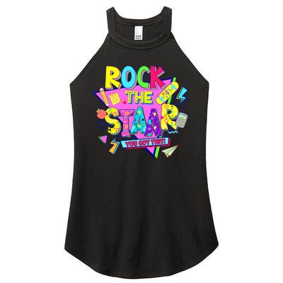 Rock The Staar Test Testing Day Retro Groovy Teacher Stars Women's Perfect Tri Rocker Tank