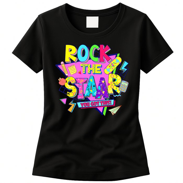 Rock The Staar Test Testing Day Retro Groovy Teacher Stars Womens T-Shirt