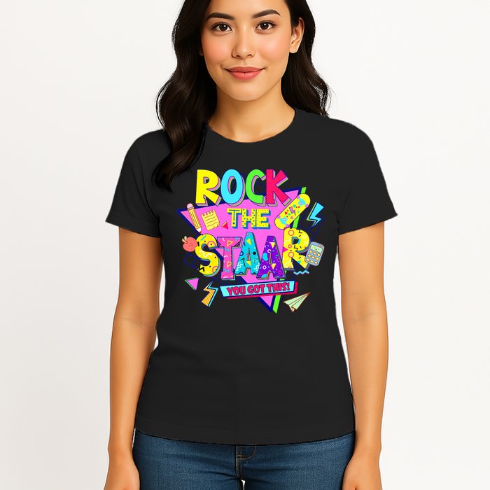Rock The Staar Test Testing Day Retro Groovy Teacher Stars Womens T-Shirt
