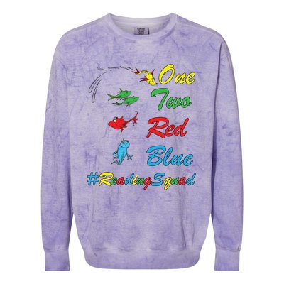 Reading Teacher Squad Oh The Places One Two Red Blue Fish Colorblast Crewneck Sweatshirt