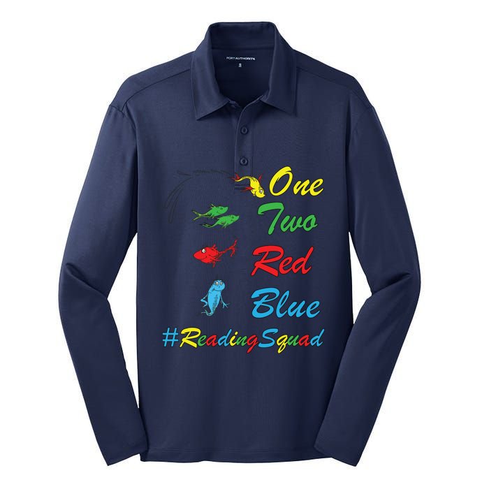 Reading Teacher Squad Oh The Places One Two Red Blue Fish Silk Touch Performance Long Sleeve Polo