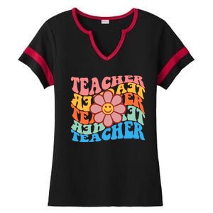 Retro Teacher Sunflower Ladies Halftime Notch Neck Tee